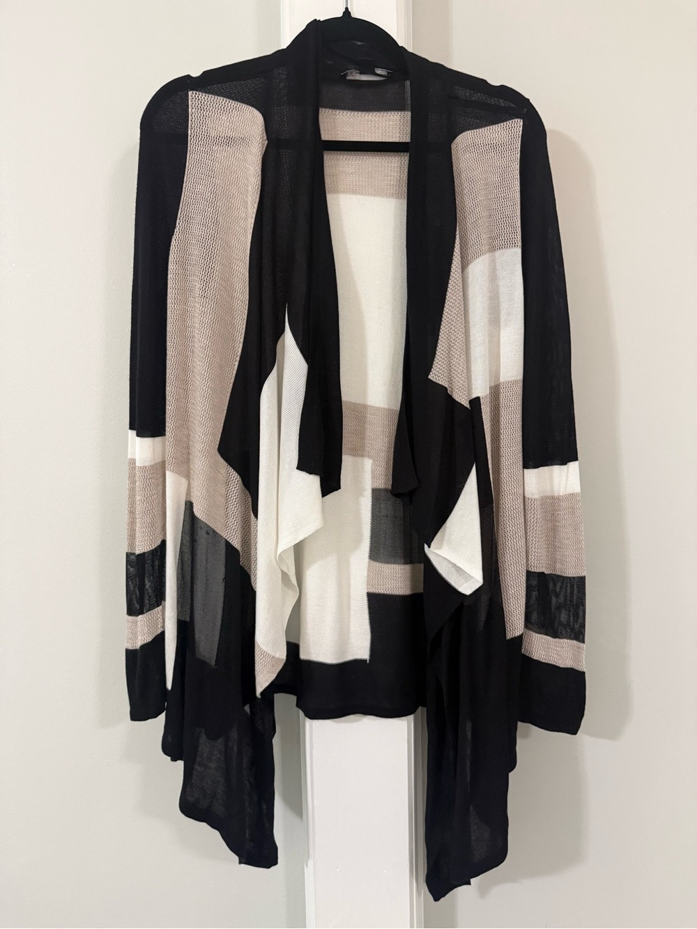 INC International Concepts Black, White & Tan Colorblock Open-Front Cardigan